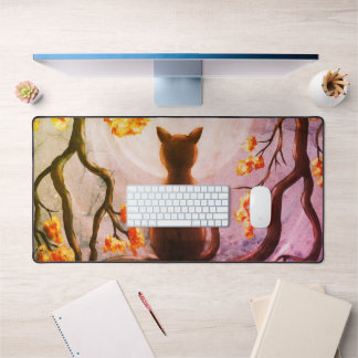 Whimsical Cat in Tree Full Moon Painting Art Desk Mat