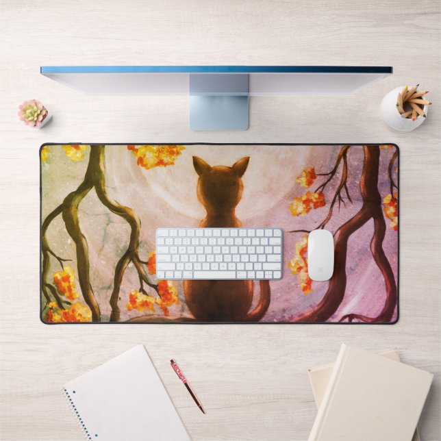 Whimsical Cat in Tree Full Moon Painting Art Desk Mat (Office 1)
