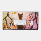 Whimsical Cat in Tree Full Moon Painting Art Desk Mat (Keyboard & Mouse)