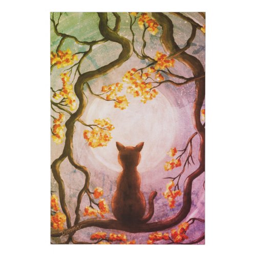 Whimsical Cat in Tree Full Moon Painting Art Faux Canvas Print