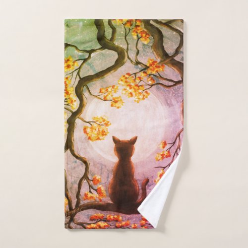 Whimsical Cat in Tree Full Moon Painting Art Hand Towel