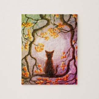 Whimsical Cat in Tree Full Moon Painting Art Jigsaw Puzzle