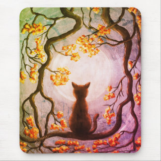 Whimsical Cat in Tree Full Moon Painting Art Mouse Pad