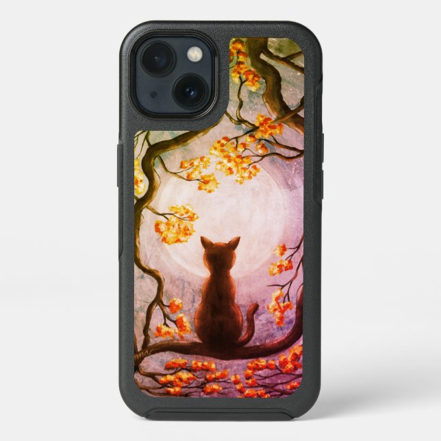 Whimsical Cat in Tree Full Moon Painting Art Otterbox iPhone Case (Back)