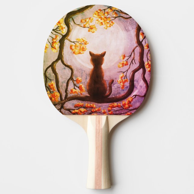 Whimsical Cat in Tree Full Moon Painting Art Ping Pong Paddle (Front)