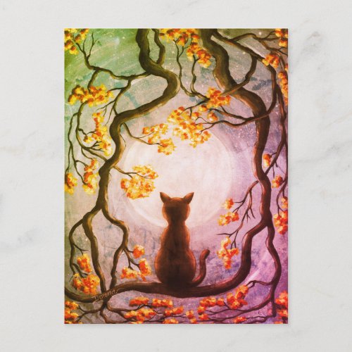 Whimsical Cat in Tree Full Moon Painting Art Postcard