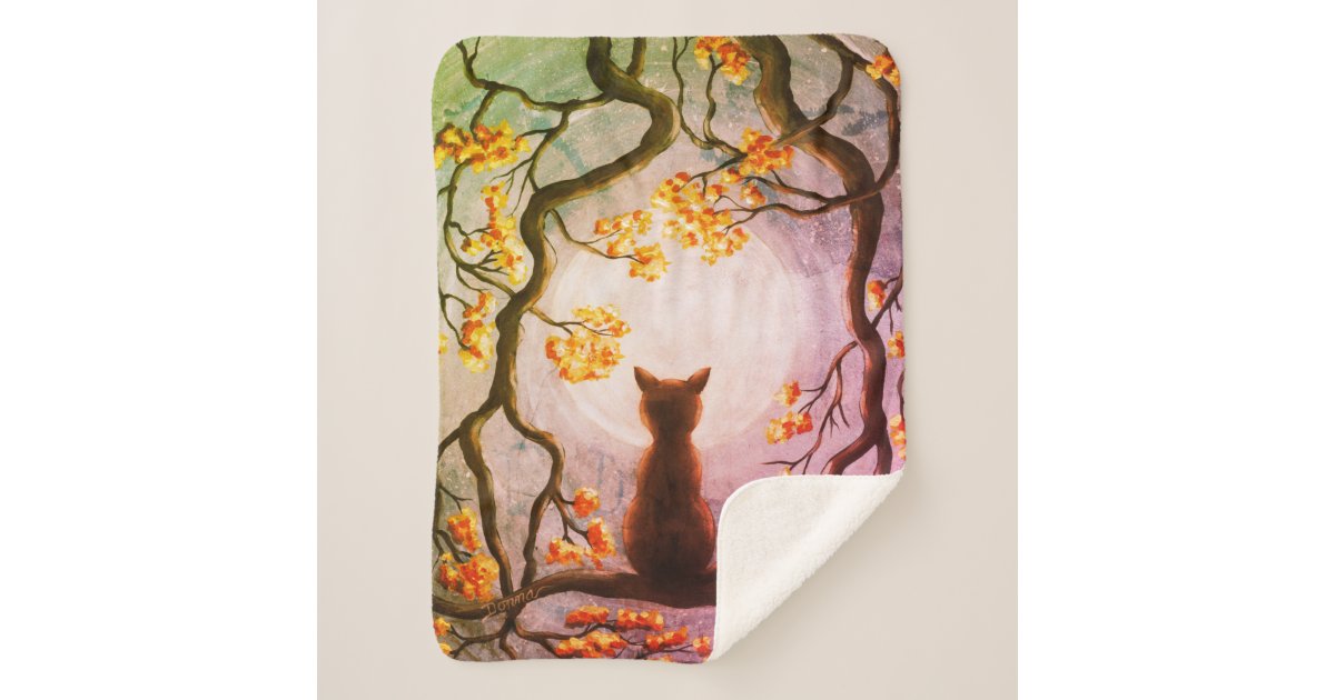 Whimsical Cat In Tree Full Moon Painting Art Sherpa Blanket