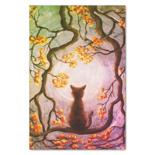 Whimsical Cat in Tree Full Moon Painting Art Tissue Paper