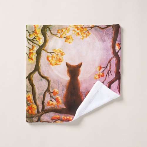 Whimsical Cat in Tree Full Moon Painting Art Wash Cloth