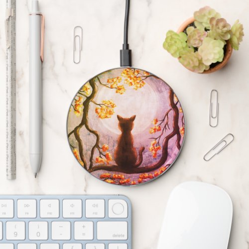 Whimsical Cat in Tree Full Moon Painting Art Wireless Charger