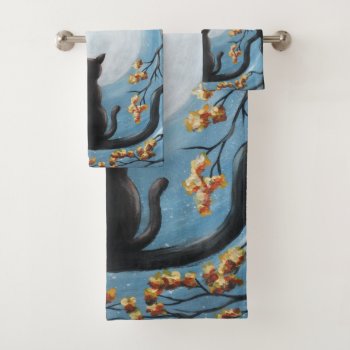 Whimsical Cat In Tree Full Moon Painting Bath Towel Set by ironydesignphotos at Zazzle