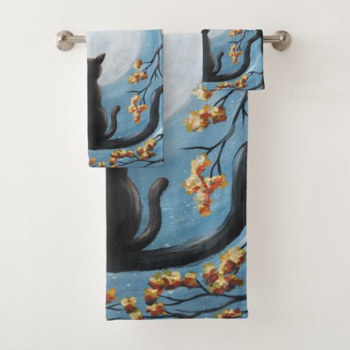 Whimsical Cat in Tree Full Moon Painting Bath Towel Set