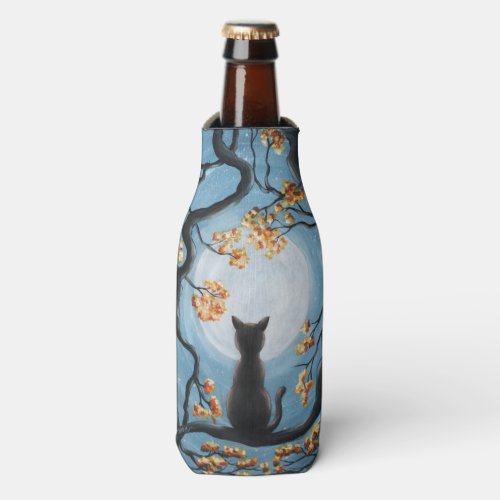 Whimsical Cat in Tree Full Moon Painting Bottle Cooler