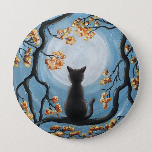 Whimsical Cat in Tree Full Moon Painting Button (Front)