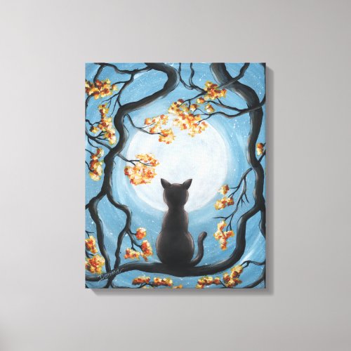 Whimsical Cat in Tree Full Moon Painting Canvas Print