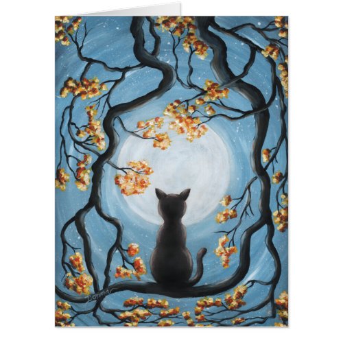 Whimsical Cat in Tree Full Moon Painting Card