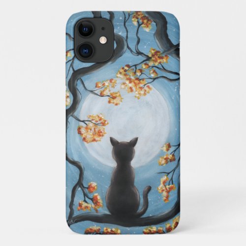 Whimsical Cat in Tree Full Moon Painting iPhone 11 Case