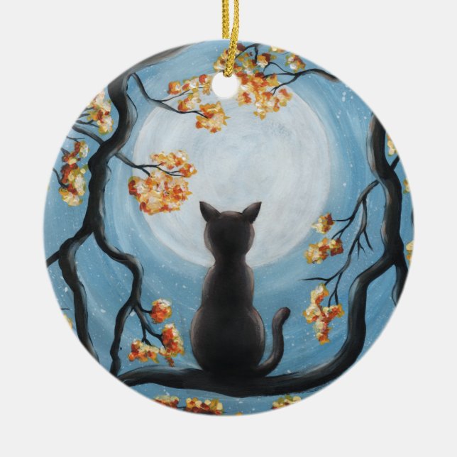 Whimsical Cat in Tree Full Moon Painting Ceramic Ornament (Front)