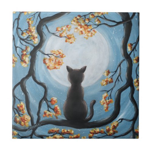Whimsical Cat in Tree Full Moon Painting Ceramic Tile