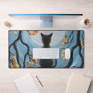 Whimsical Cat in Tree Full Moon Painting Desk Mat