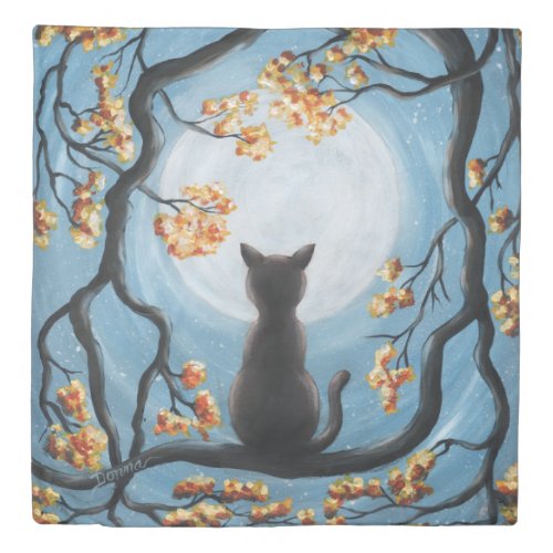 Whimsical Cat in Tree Full Moon Painting Duvet Cover