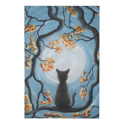 Whimsical Cat in Tree Full Moon Painting Faux Canvas Print