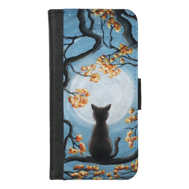 Whimsical Cat in Tree Full Moon Painting iPhone Wallet Case (Front)