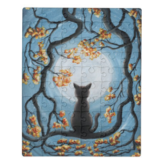 Whimsical Cat in Tree Full Moon Painting Jigsaw Puzzle