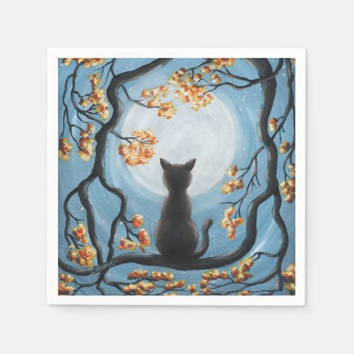 Whimsical Cat in Tree Full Moon Painting Napkins