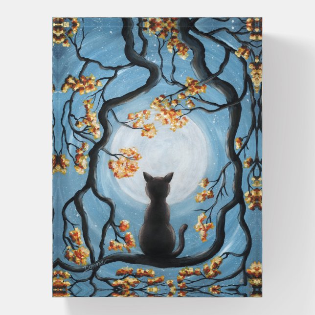 Whimsical Cat in Tree Full Moon Painting Paperweight (Vertical)