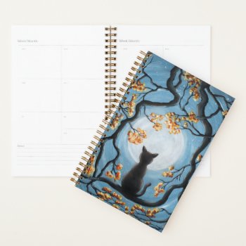 Whimsical Cat In Tree Full Moon Painting Planner by ironydesignphotos at Zazzle
