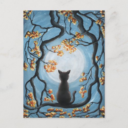 Whimsical Cat in Tree Full Moon Painting Postcard