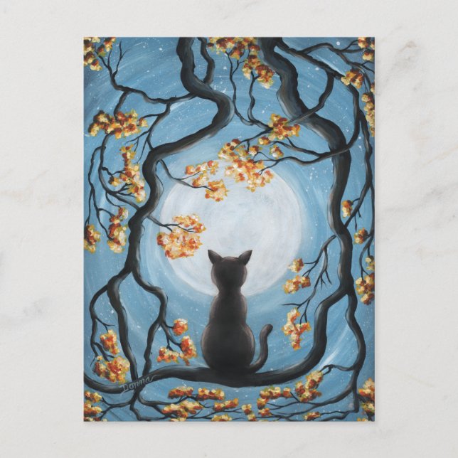 Whimsical Cat in Tree Full Moon Painting Postcard (Front)