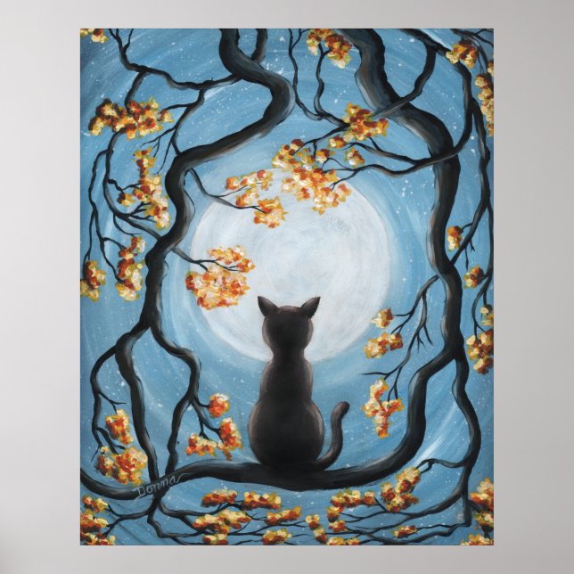 Whimsical Cat in Tree Full Moon Painting Poster (Front)
