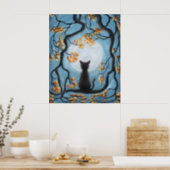 Whimsical Cat in Tree Full Moon Painting Poster (Kitchen)