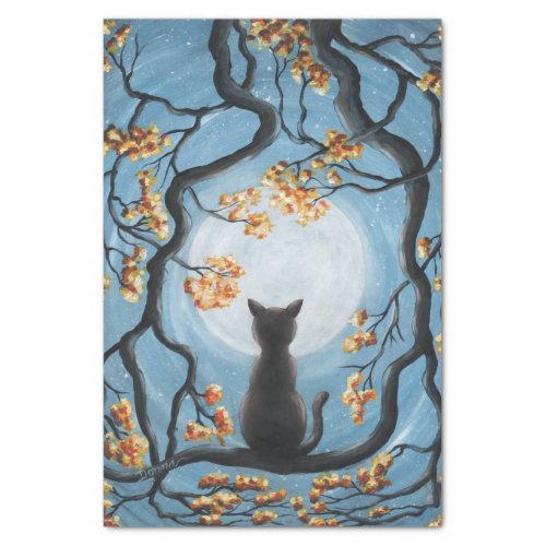 Whimsical Cat in Tree Full Moon Painting Tissue Paper