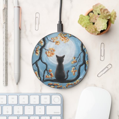 Whimsical Cat in Tree Full Moon Painting Wireless Charger