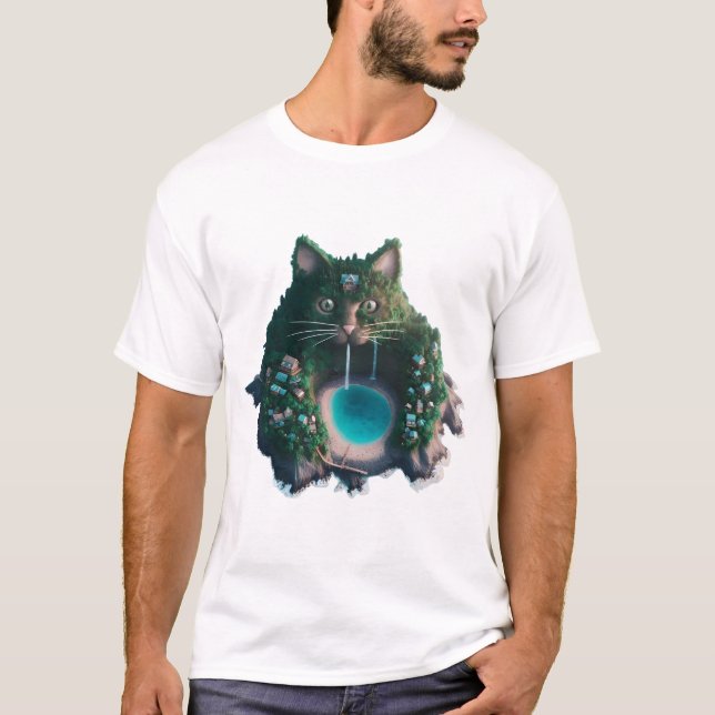 Whimsical Cat Island with Waterfalls. T-Shirt (Front)