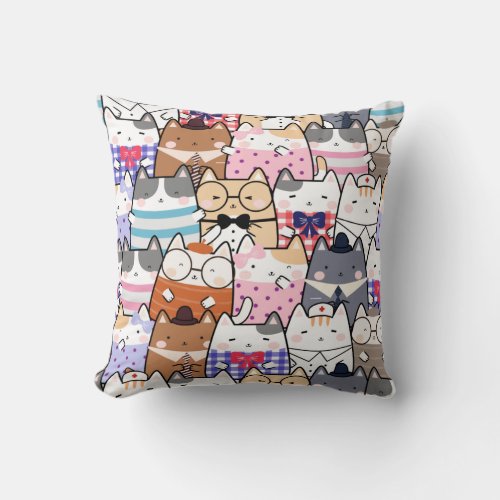 Whimsical Cat Kitten Cartoon Illustration Vibrant  Throw Pillow