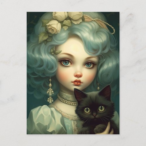 Whimsical Cat Lady _ Pop Surrealism Art Postcard