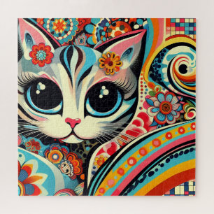 Whimsical Cat Mexican Folk Art Talavera Style Jigsaw Puzzle