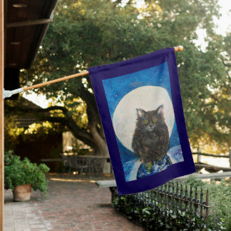 Whimsical Cat Moon Earth Maureen Girard House Flag