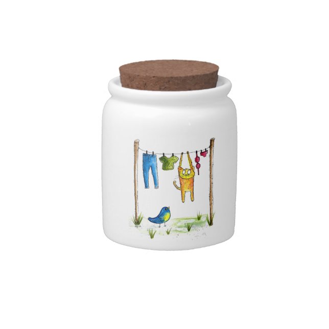 Whimsical Cat on a Clothesline Candy Jar (Front)