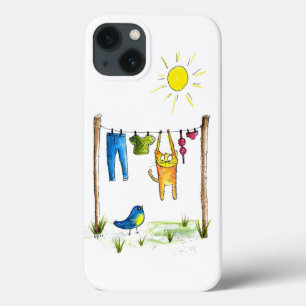 Whimsical Cat on a Clothesline iPhone 13 Case