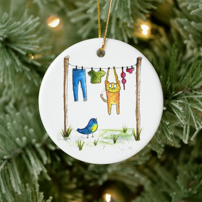 Whimsical Cat on a Clothesline Ceramic Ornament (Tree)