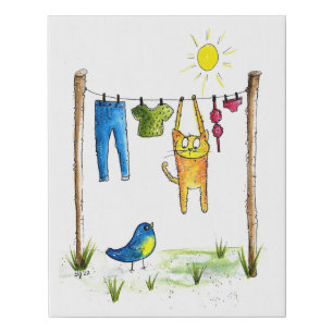 Whimsical Cat on a Clothesline Faux Canvas Print