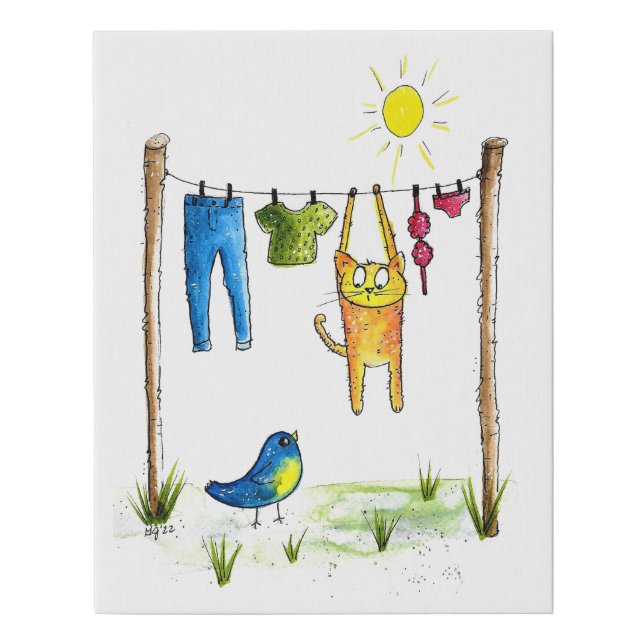 Whimsical Cat on a Clothesline Faux Canvas Print (Front)
