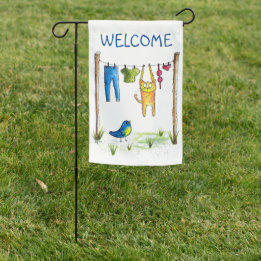 Whimsical Cat on a Clothesline Garden Flag