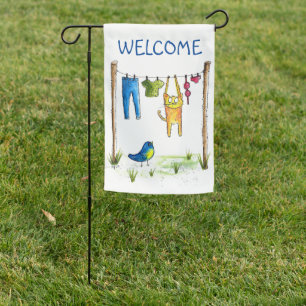 Whimsical Cat on a Clothesline Garden Flag