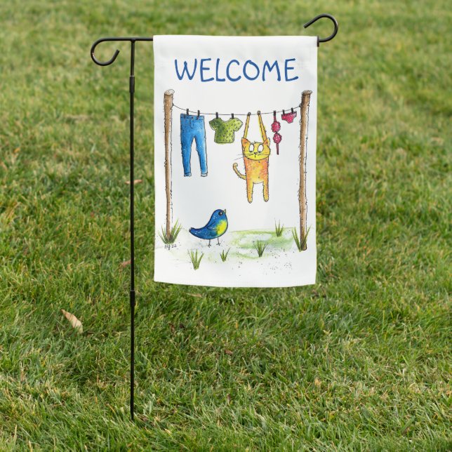 Whimsical Cat on a Clothesline Garden Flag (In SItu)